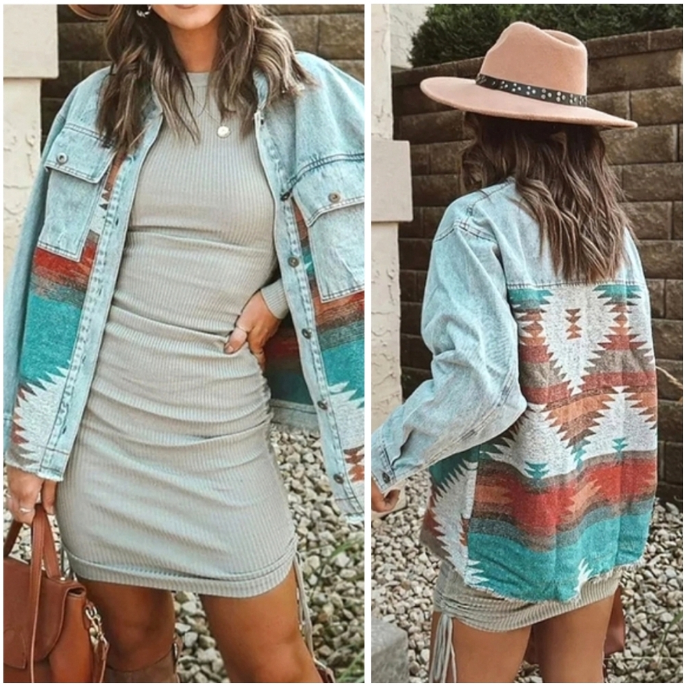 New Boho Western Denim Woven Button Up Shacket Jacket Top Pockets Blue Red